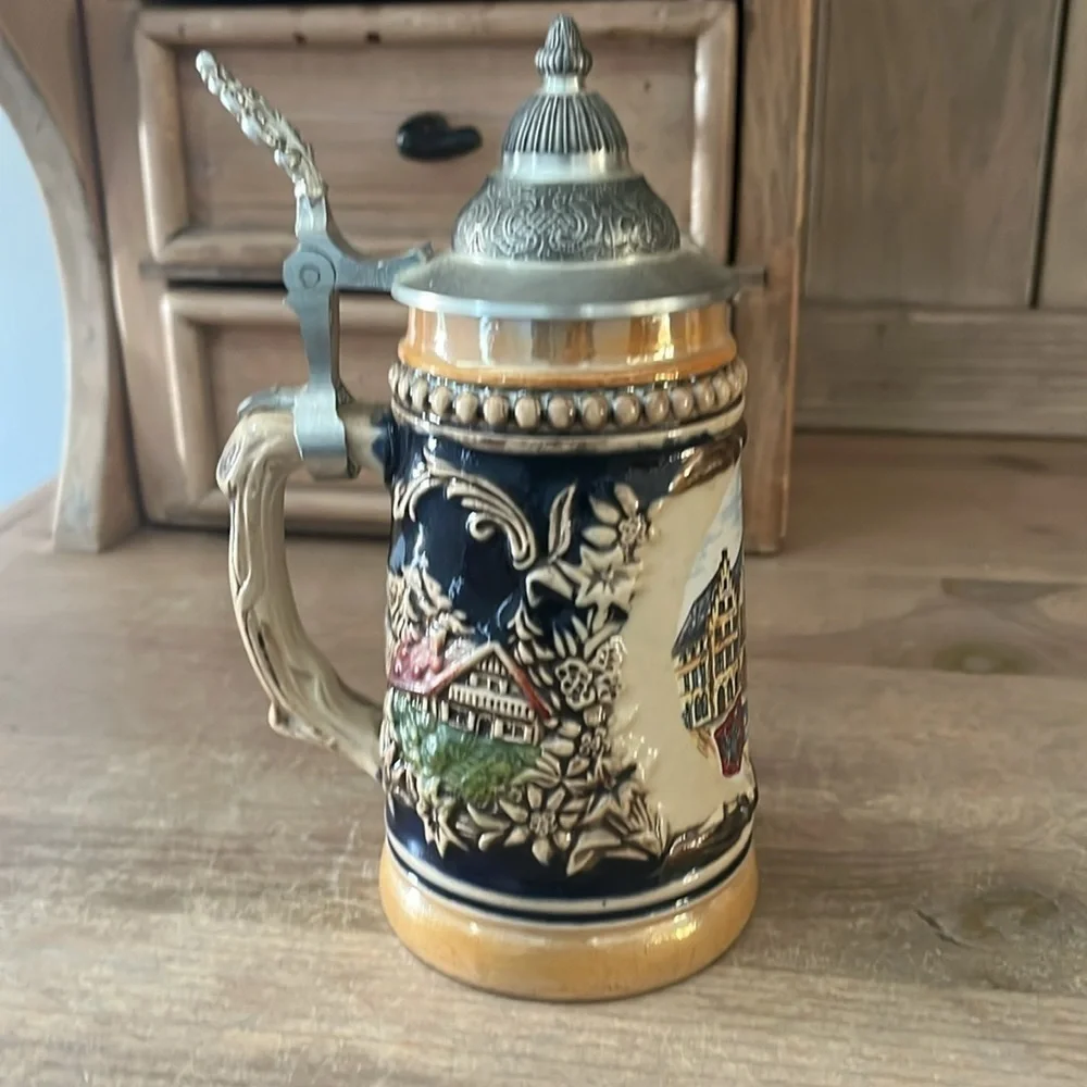 Ceramic German Beer Stein Frankfurt Roemer Design Pewter Lid Alpine Schnapps